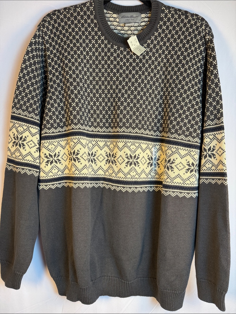 Eddie Bauer Gray and Cream Fair Isle Crewneck Sweater